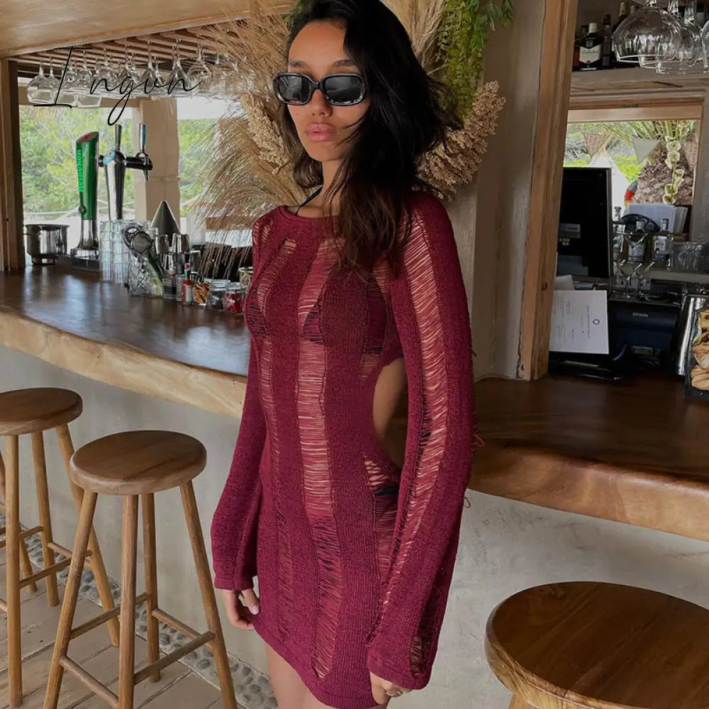 Ingvn - Fashion Trends Round Collar See Through Dress Women Sexy Long Sleeve Elegant Beachwear Hollow Out Backless Knitted Female Dress Summer
