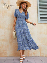 Ingvn - Ladies Vintage Boho Print Summer Dress Women Casual Blue Elastic Waist Bohemian Beach Sundress Women Dress Robe Vestidos Female