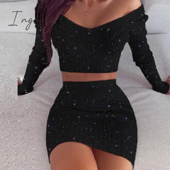 Ingvn - Striped V Neck Slim Knit Soft Summer Dress Women Spring Off the Shoulder Long Sleeve Mini Dress Elegant Ladies Party Dress