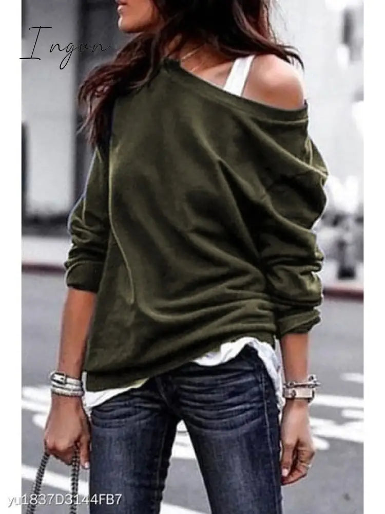Ingvn - Women's Pullover Sweatshirt Heart Printed Long Sleeve One Shoulder Tops Autumn Winter Sweat Shirts Woman Casual Top