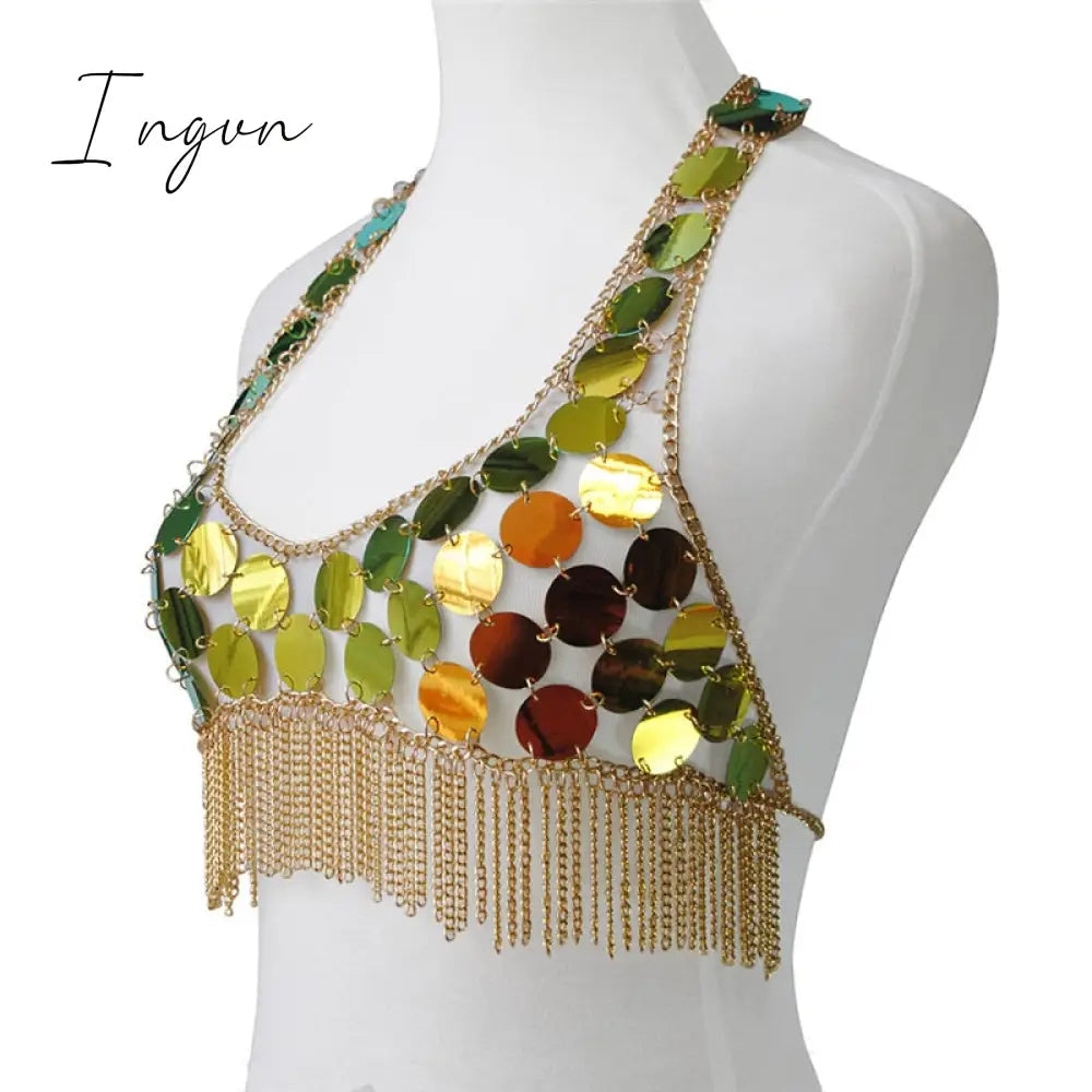Ingvn - Trends Fashion Gradient Color Shiny Sequins Dots Two Piece Set Low Cut Backless Sleeveless Crop Tops Tassel Mini Skirt Sexy Beach Outfits