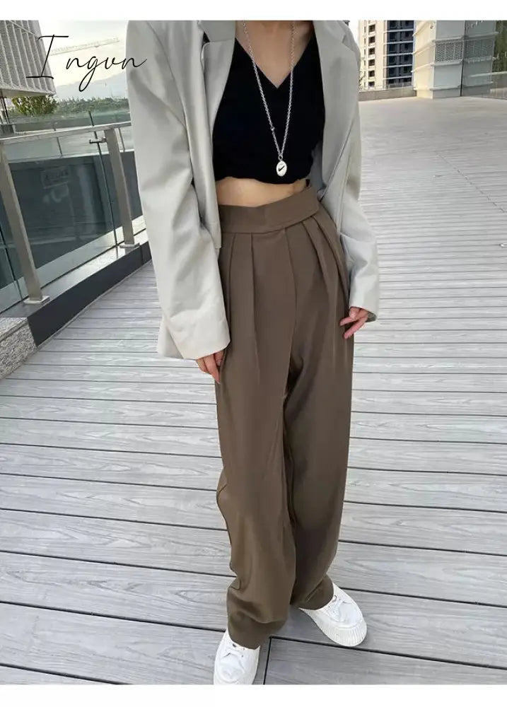 Ingvn - Brown Wide Leg Women's Classic Suit Pants Vintage Palazzo Office Elegant Casual Balck Trousers Female High Wasit Pants