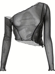 Mesmerizing Mesh Crop Top - Long Sleeve, Semi-Sheer, Breathable, Casual Summer & Spring Essential - Womens Fashion Clothing