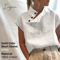 Ingvn - New Stylish Tunic Tops Plus Size Women Short Sleeve Summer Blouses Buttons Solid Cotton Linen Tops Casual Loose Blusas Femme