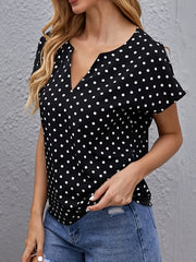 Women's Casual Fashion V-Neck Blouses - Polka Dot Print Short Sleeve Loose Fit Tops