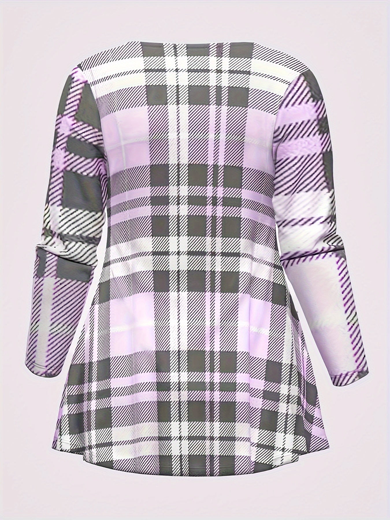 Women's Casual Outfits Set, Plus Size Plaid Print Long Sleeve Round Neck Top & Flared Leg Pants Outfits 2 Piece Set