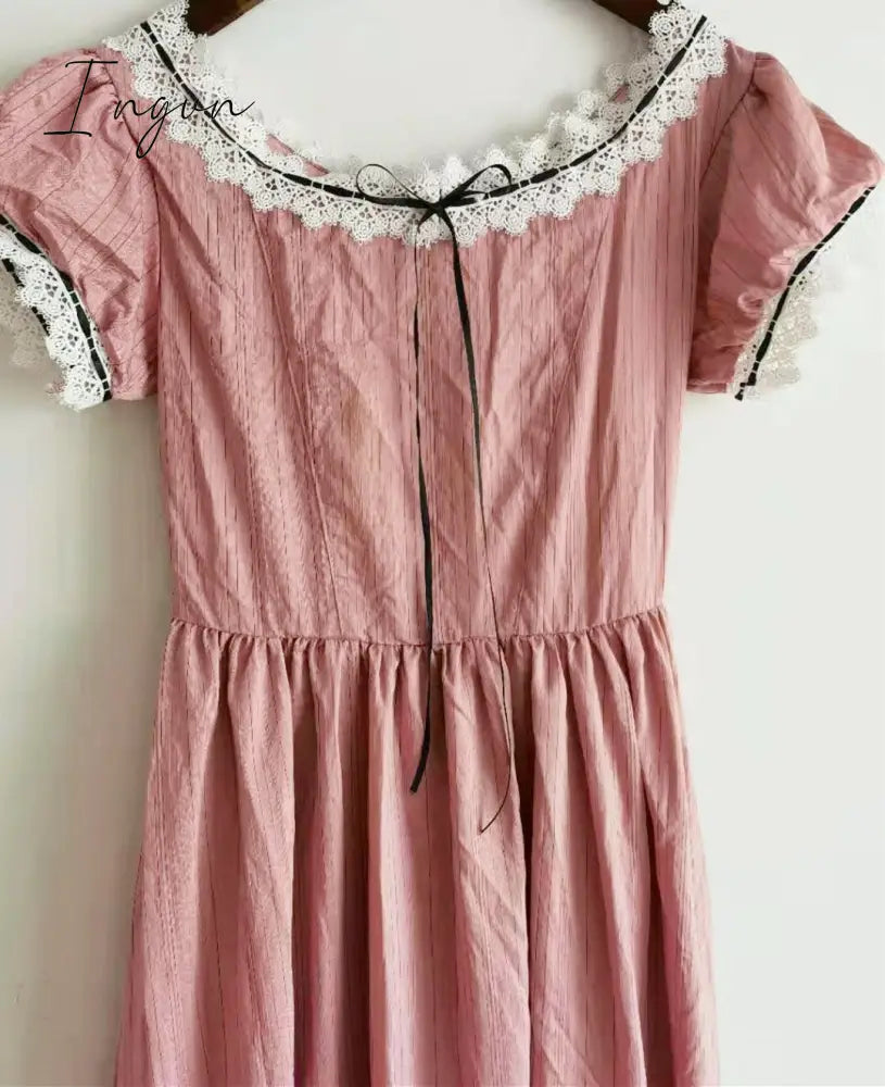 Ingvn - Women Pink Dress Summer Vintage Elegant Slim European Romance Blue Dress Retro Lace Sexy Slash Neck Casual Everyday Midi Dress