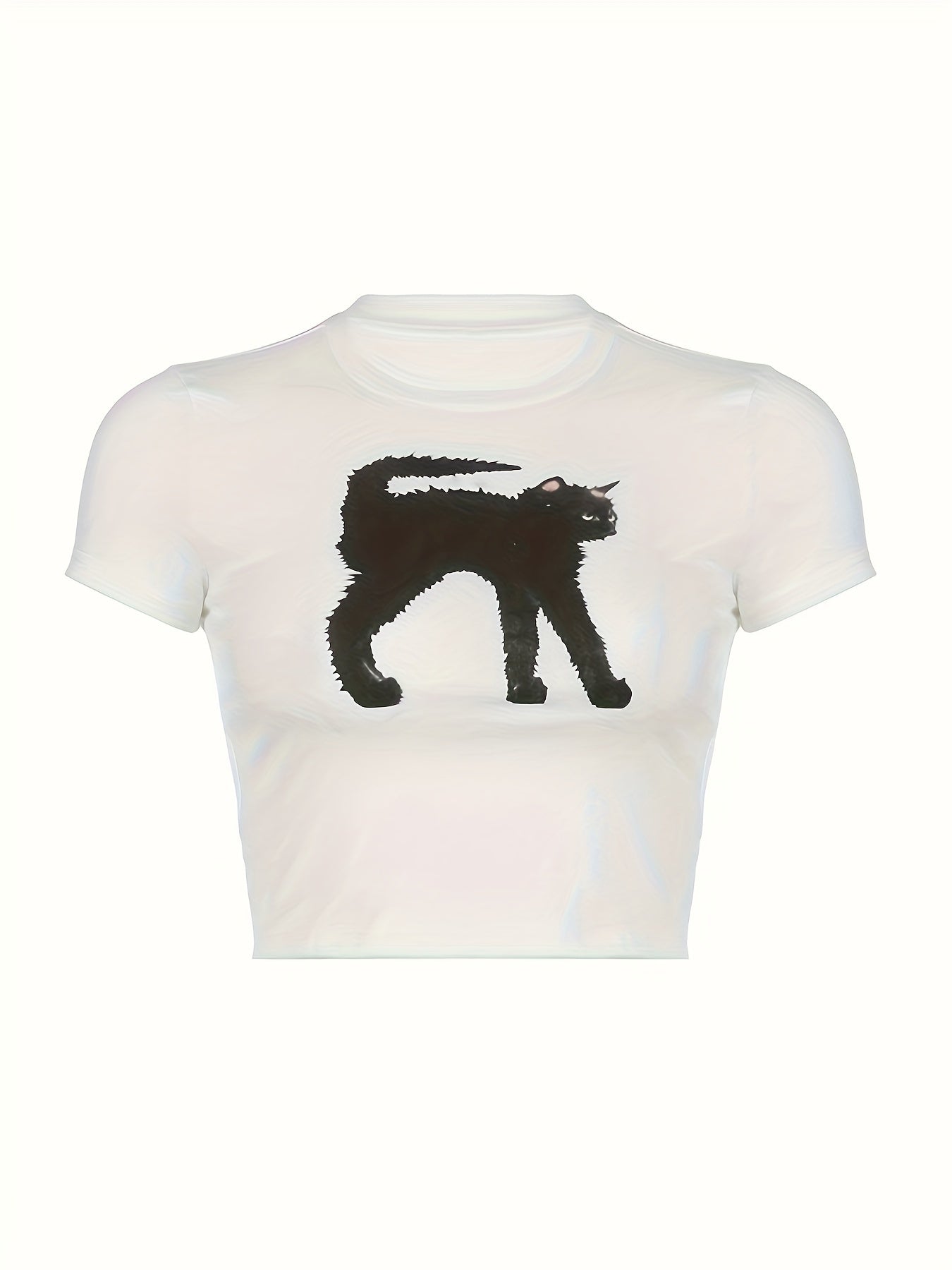 Cat Print Crew Neck T-shirt, Y2K Short Sleeve Crop Top, Women's Clothing