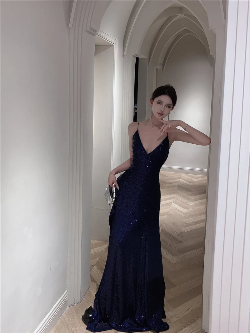 Elegant Backless Split Sequin Long Dresses for Women Summer Sexy Fashion Luxury Slim Bandage Robe Evening Party Female Clothing