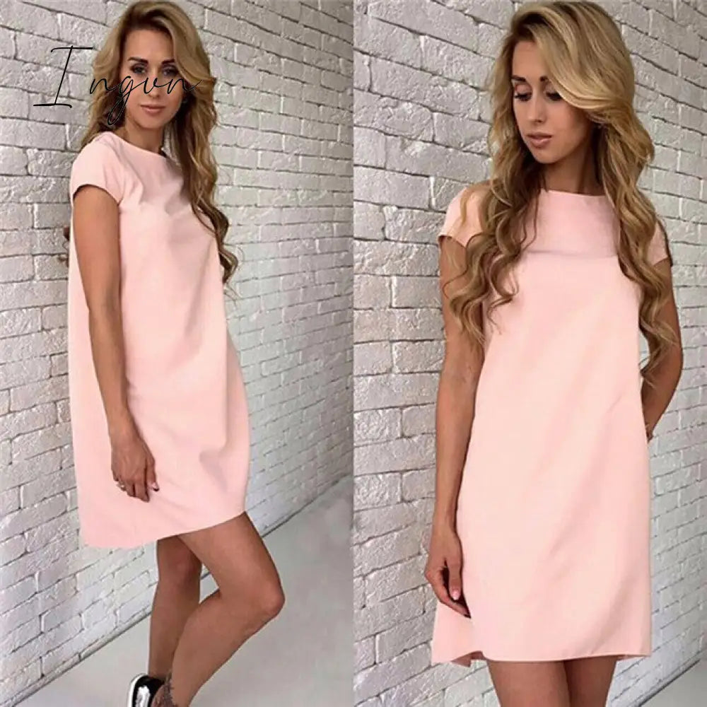 Ingvn - Women Female Short Sleeve Loose Mini Short A-line Dresses Summer Beach Casual Dress Candy Color S-XXL
