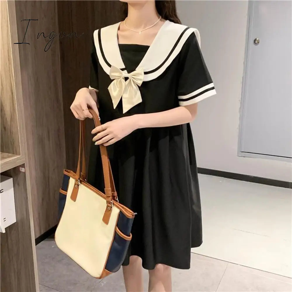 Ingvn - Harajuku Sailor Collar Navy Dress Japanese Lolita Sweet Bow-knot Girl Retro Cotton Kawaii Preppy Style Short Sleeve Dress Women