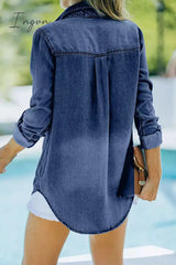 Ingvn- Casual Solid Pocket Turndown Collar Long Sleeve Loose Denim Jacket