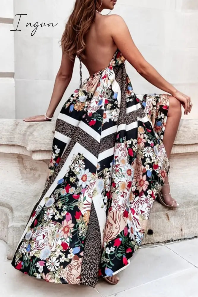 Ingvn - Sexy Bohemian Geometric Print Backless V Neck Sling Dress Dresses