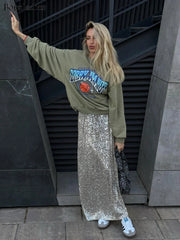 Ingvn  Elegant Silk Sequins Women Skirt Dropped Waist Long Skirts Streetwear Classic Skirt Fashion Female Clothing