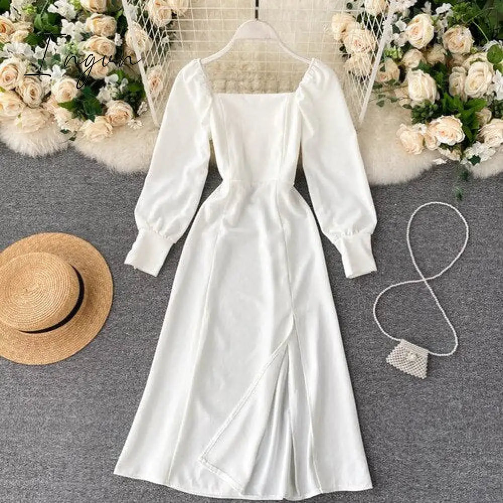 Ingvn - Women Autumn New Split Dress French Retro Square Collar Waist Hugging Slim Puff Sleeve Beading Midi Dress Female Vestidos PL487