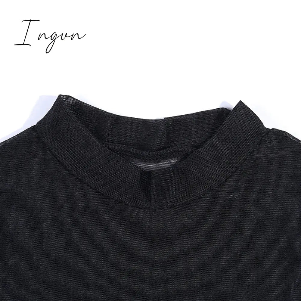 Ingvn - Summer Outfits Fashion Trends Sexy Women Dress Mesh See-through Long Sleeves Dress Slim Tight Backless Dress Party Clubwear Female Mini Dresses Black