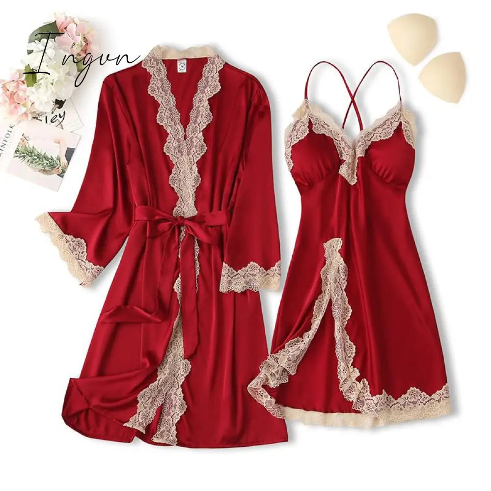 Ingvn - Lace Trim Sexy Wedding Lady Robe Suit Loose Satin Bride Bridesmaid Kimono Bathrobe Gown Mini Sleepwear Rayon Intimate Lingerie