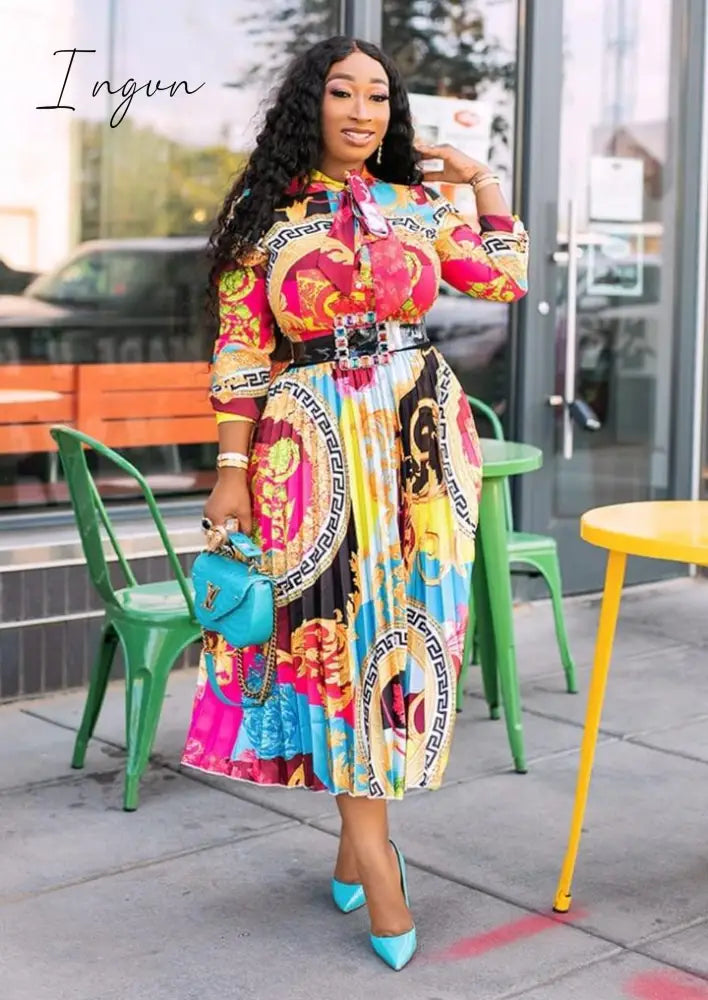 Ingvn - Loose Casual Dress Printed Long Sleeve Dress Fashion Dresses for Women England Pleated Squsre Collar Dress