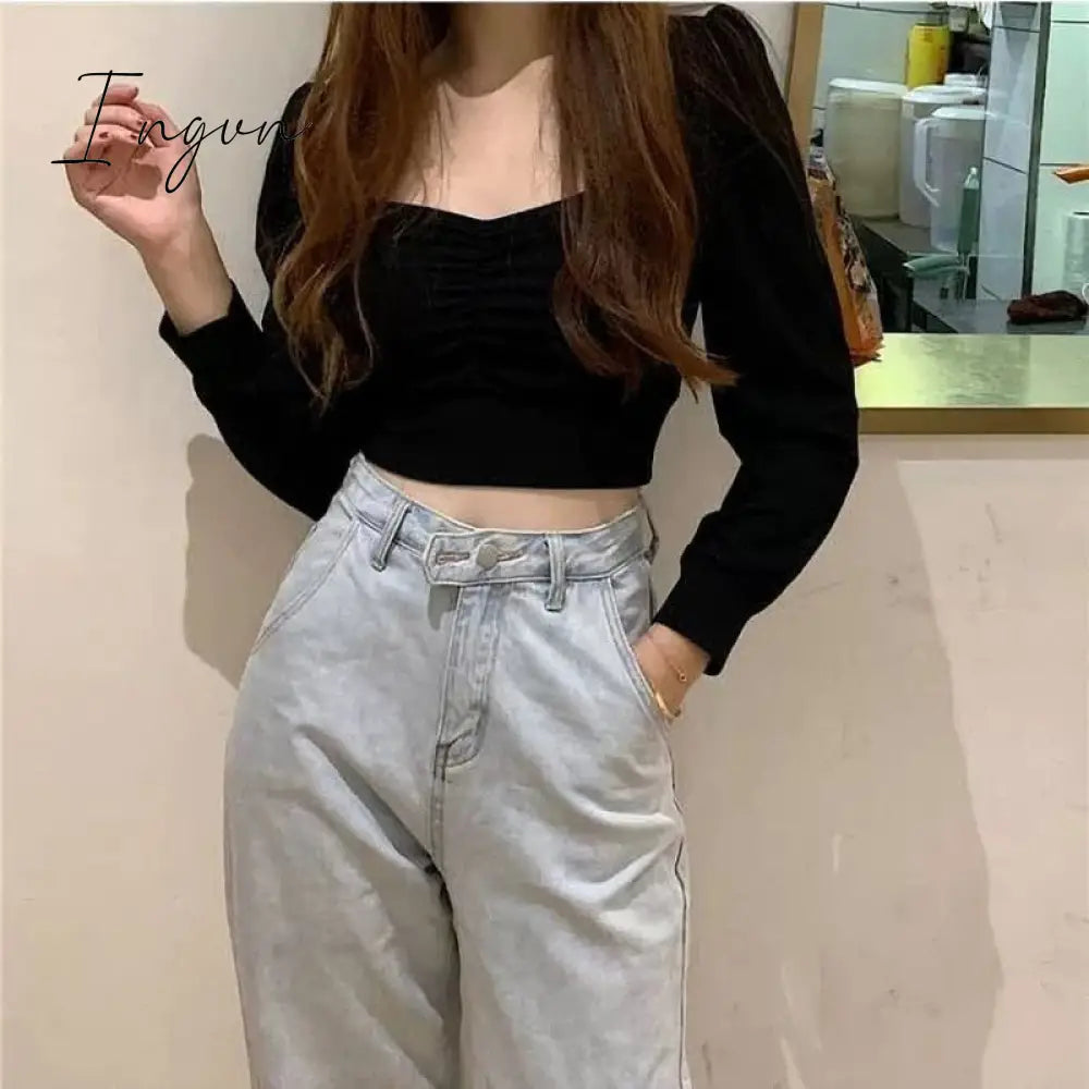Ingvn - Korean Fashion Knitted Crop top T Shirt Streetwear Vintage Top Women Puff sleeve Basic Tshirt Skinny Sexy Clothes