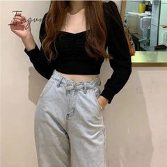 Ingvn - Korean Fashion Knitted Crop top T Shirt Streetwear Vintage Top Women Puff sleeve Basic Tshirt Skinny Sexy Clothes
