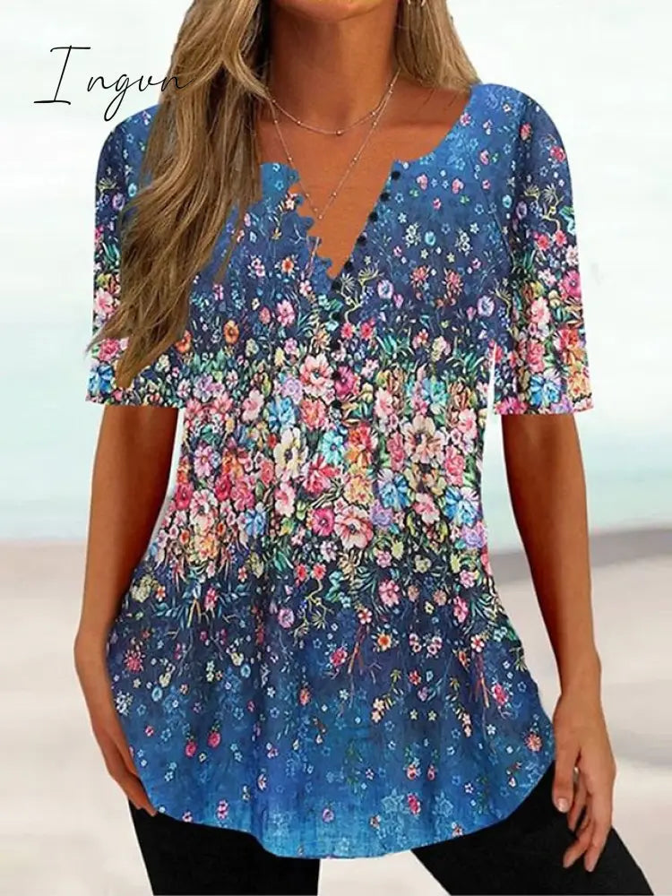 Ingvn - Women's T shirt Tee Black White Navy Blue Floral Button Print Short Sleeve Holiday Weekend Tunic Basic Round Neck Regular Floral Painting S