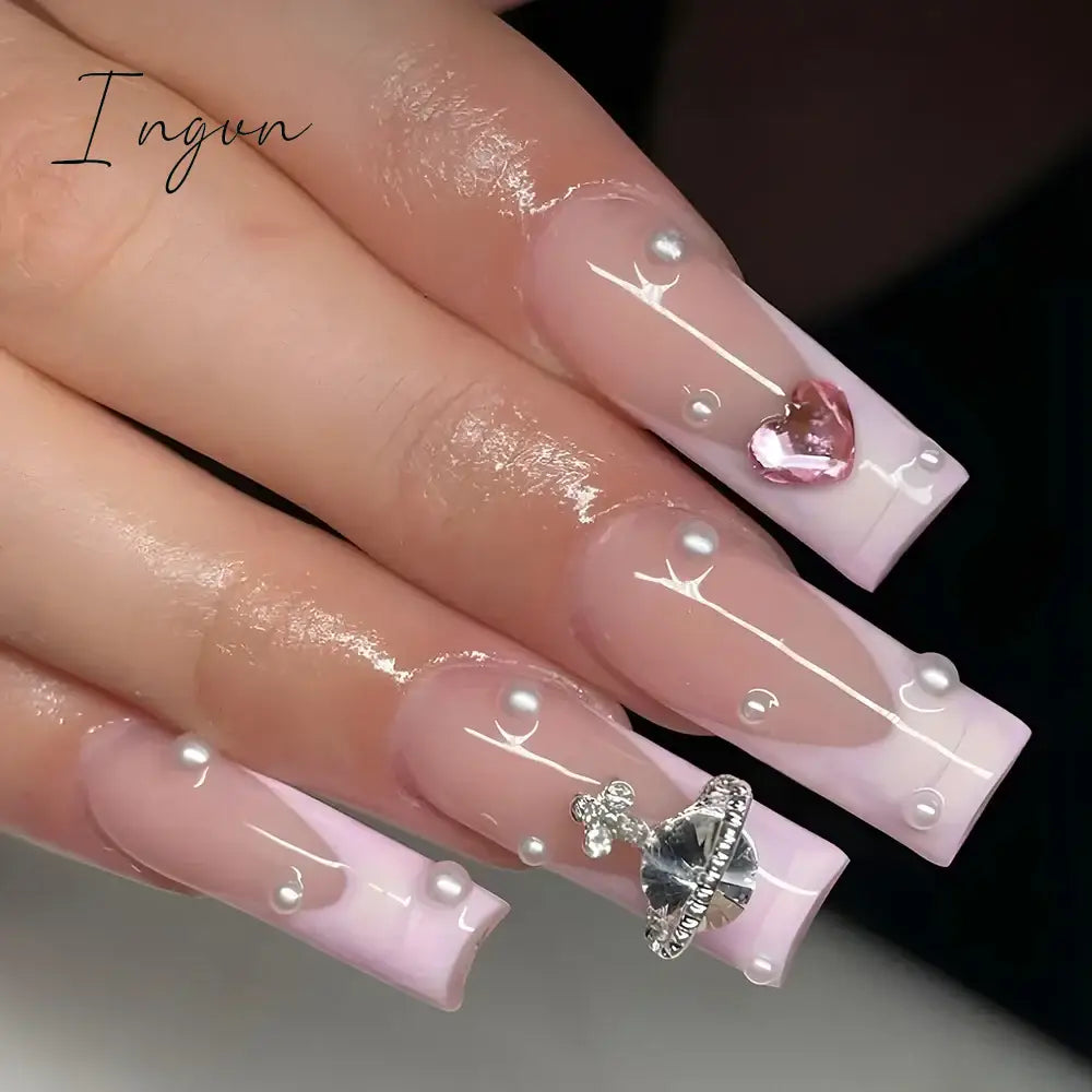 24pcs French rhinstones artifical nails with glue full cover false nails detachable coffin fake nail bling press on nails