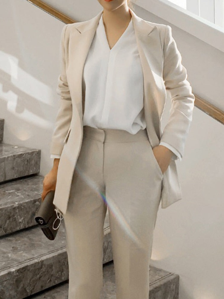 Women Spring Elegant Blazer Pantsuit Casual Jacket Pencil Pants 2 Piece Set Female Slim Fashion Korean Business Work Clothes