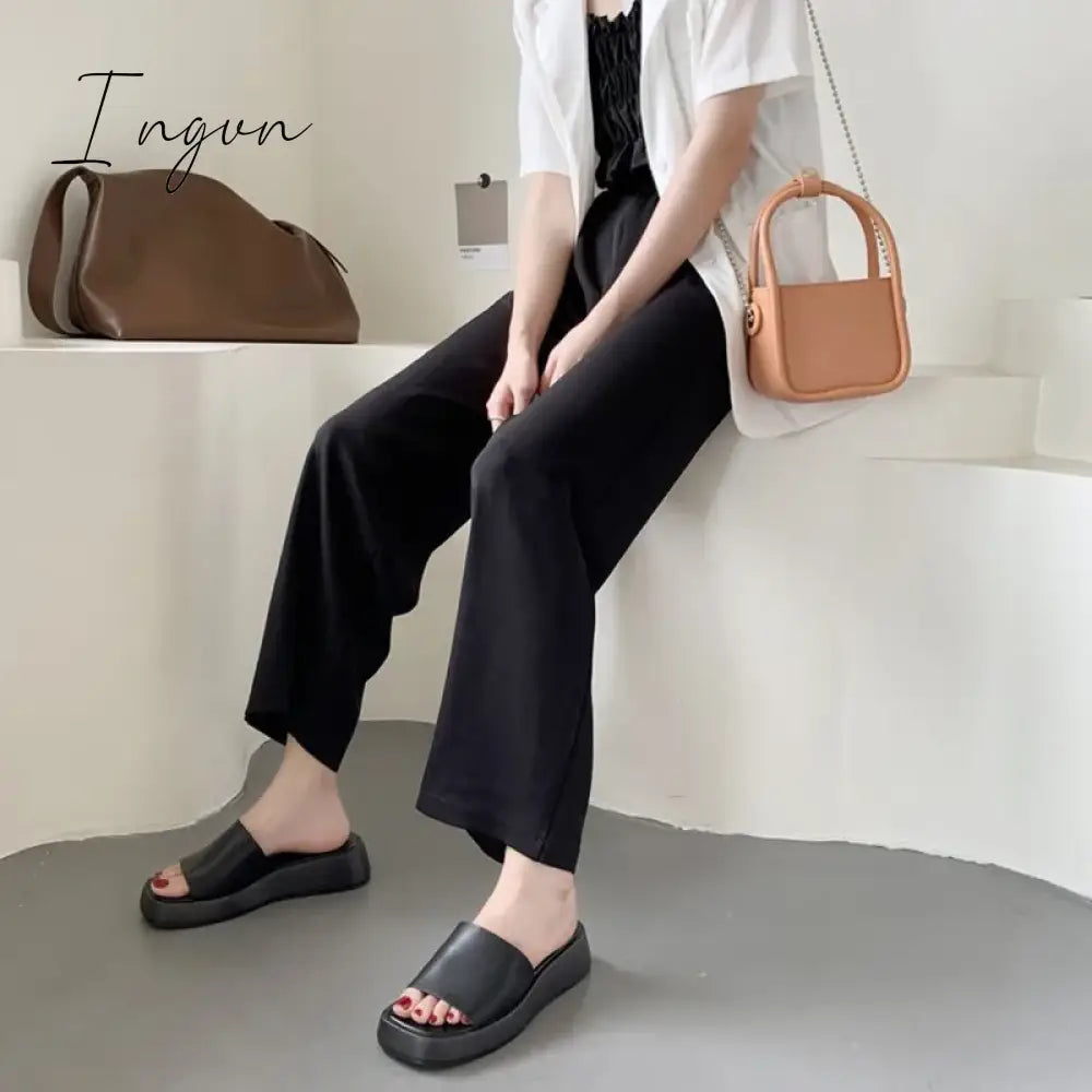 Ingvn - Slippers Women Thick Bottom Wedge Heel Outer Wear Summer New White Fashion Muffin Flat Bottom Solid Color Women's Shoes