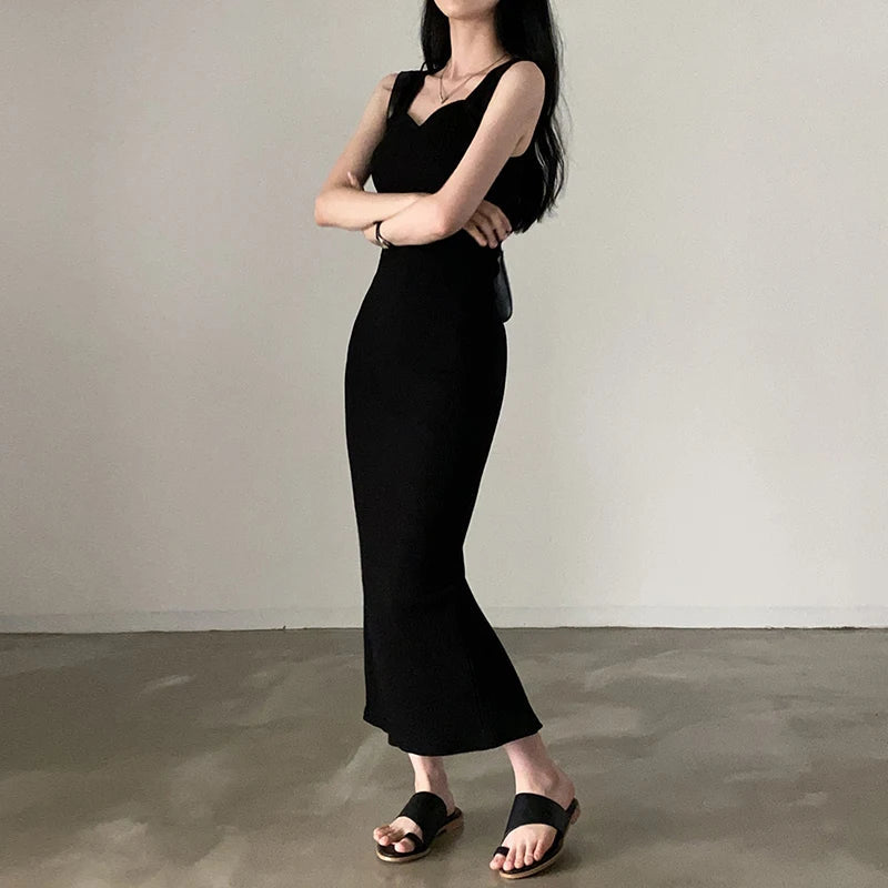 Basic Knit Long Dress Korean Fashion Square Collar Sleeveless Women's Dresses Summer Casual Y2k Vintage All-match Outftis