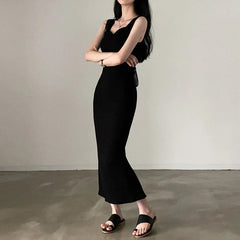 Basic Knit Long Dress Korean Fashion Square Collar Sleeveless Women's Dresses Summer Casual Y2k Vintage All-match Outftis