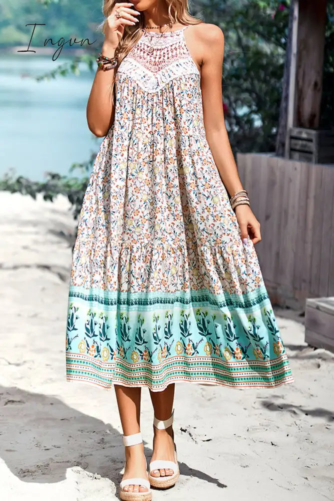 Ingvn - Floral Print Bohemian Style Round Neck Sleeveless Dress
