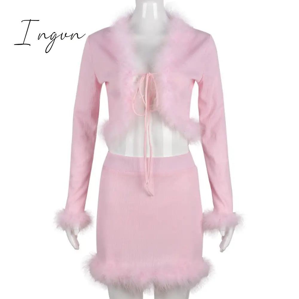 Ingvn - Y2k Streetwear Pink PU Leather Jackets for Women Winter Vintage Clothes Fuzzy Faux Fur Collar Coats Chic Fur Cardigan Spring