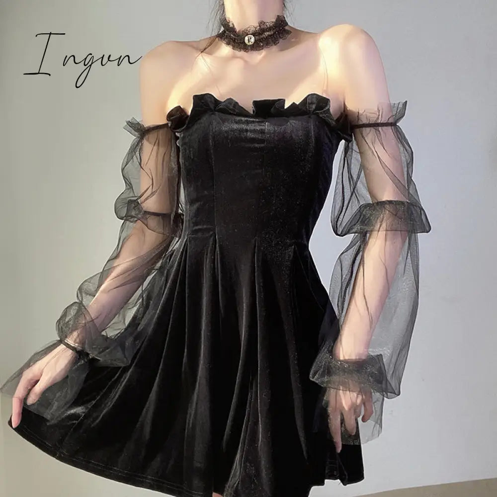 Ingvn - Gothic Sexy Dress Vintage Off Shoulder Lantern Sleeve Mesh Patchwork Velvet Mini Dress Dark Street Black Dress for Female