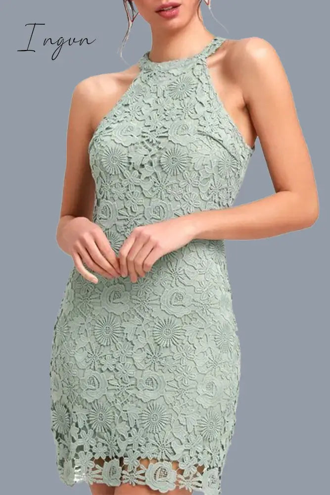 Ingvn - Sexy Solid Jacquard Lace Halter Wrapped Skirt Dresses