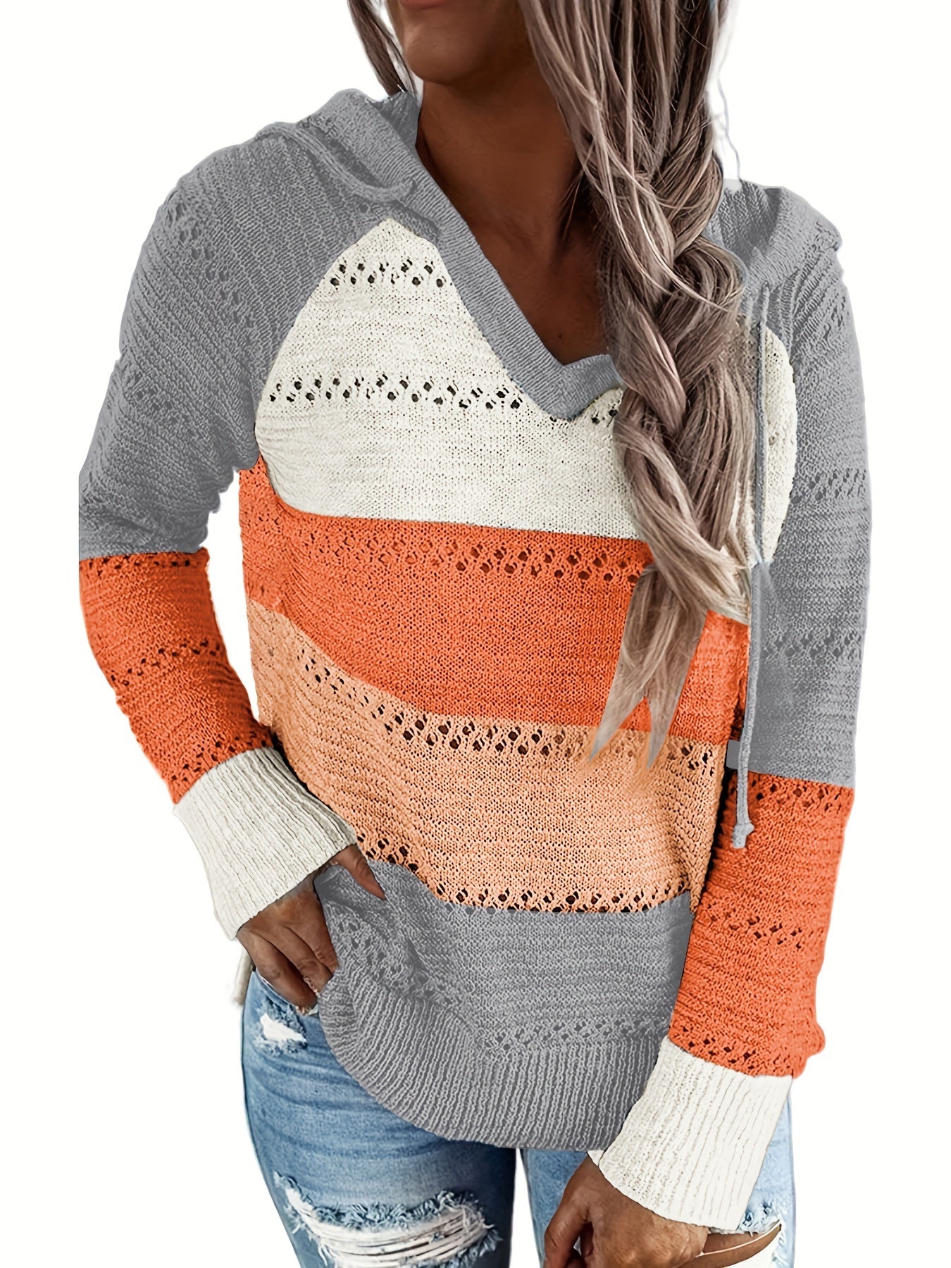 Color Block Drawstring Hooded Sweater, Casual Long Sleeve Sweater For Fall & Winter, Women's Clothing
