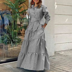Ingvn - Spring Shirt Dress Women Long Sleeve Party Dresses Casual Lapel Button Vintage Belted Pockets Sundress Plaid Printed Robes