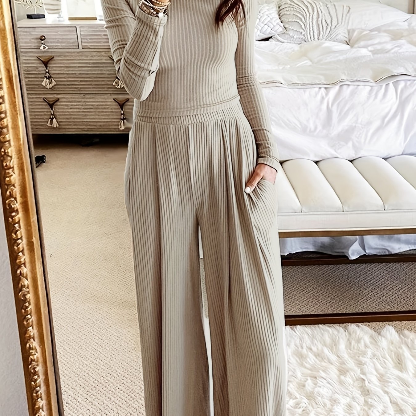 Chic Solid Two-Piece Set - Soft Knit Crew Neck Top & High Waist Wide Leg Pants - Comfortable Casual Outfit for Women