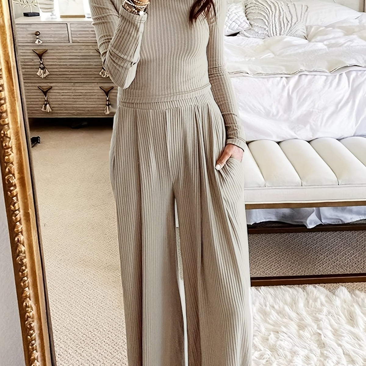 Chic Solid Two-Piece Set - Soft Knit Crew Neck Top & High Waist Wide Leg Pants - Comfortable Casual Outfit for Women