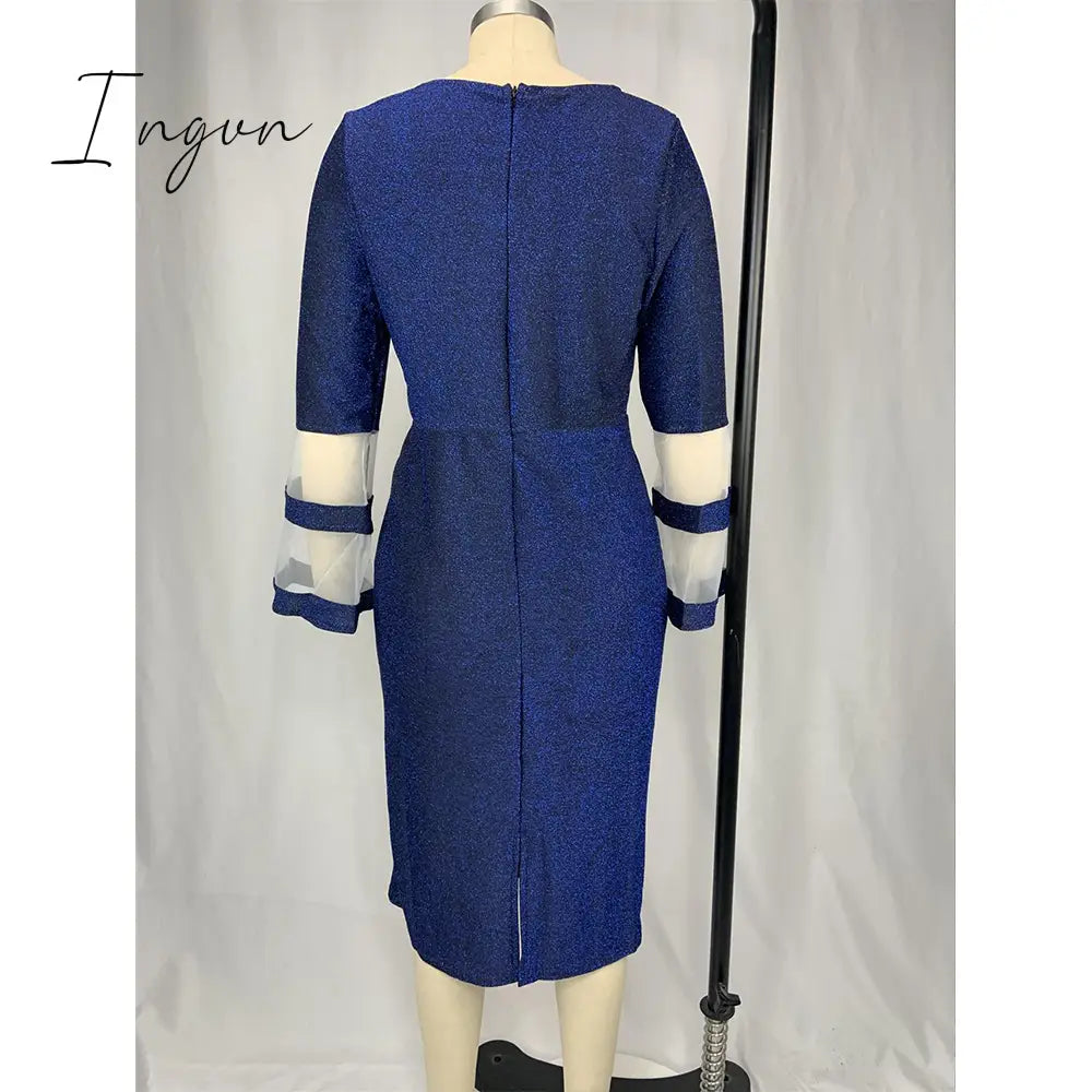 Ingvn - Plus Size Women Dresses Autumn Elegant Bright Silk Wedding Evening Birthday Party Dress V Neck Mesh Sleeve Club Outfits 8XL