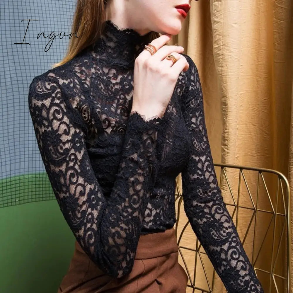 Ingvn - gifts for women Plus Size Women Lace Blouses Shirts Sexy Hollow Out Long Sleeve Solid Blouse Lady Elegant Floral Embroidery Elastic Shirt Tops