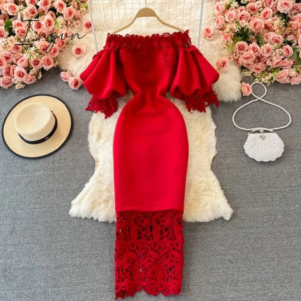 Ingvn - Sexy Hollow Out Lace Bodycon Long Dress Women Elegant Red/Pink/White Off Shoulder Patchwork Maxi Party Vestidos Autumn New