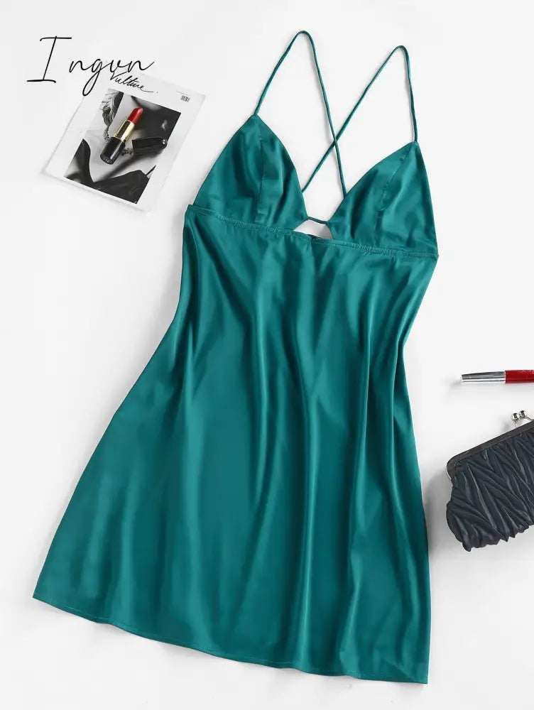 Ingvn - Women's Sexy Satin Dress Spaghetti Strap Slips Nightwear Side Slit Cocktail Party Silk Mini Dresses
