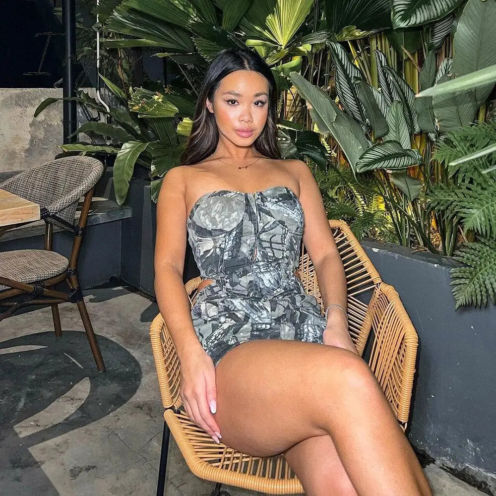 Ingvn - Casual Women Print Skirt Two Piece Set Strapless Tank Top + Mini Dress Slim Bodycon Clothes For Women Outfit