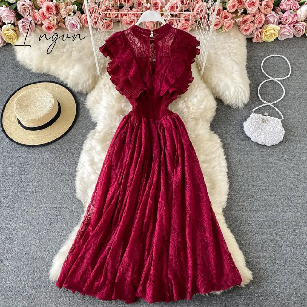 Ingvn - Vintage Purple/Green/Red Lace Midi Dress Women Sweet Round Neck Ruffle Vestidos Female High Waist Slim Robe Spring Autumn