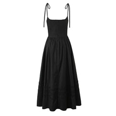Elegant Women Lace Spliced Sexy Spaghetti Straps Dress Low Waist A-line Midi Long Summer Dresses Casual Party Robe Cotton
