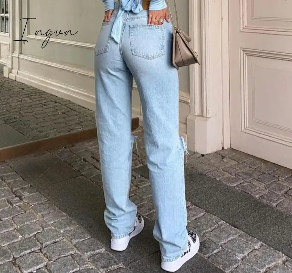 Ingvn - Womens Loose Fit Jeans Ripped Wide Leg For Women High Waist Blue Wash Casual Cotton Denim Trousers Summer Baggy Jean Pants