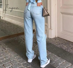 Ingvn - Womens Loose Fit Jeans Ripped Wide Leg For Women High Waist Blue Wash Casual Cotton Denim Trousers Summer Baggy Jean Pants