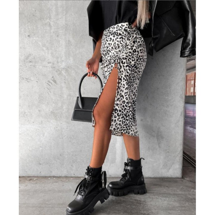 Voguable Midi Skirt Women Leopard Spring Lace Up Slit Bodycon High Waist Drawstring Printed Sexy Skirt Casual Office Female Skirt