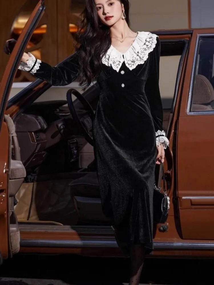 Y2k Vintage Evening Party Velvet Dress Women Franch Elegant Lace Patchwork Black Dresses Autumn Winter Korean Fashion Vestidos
