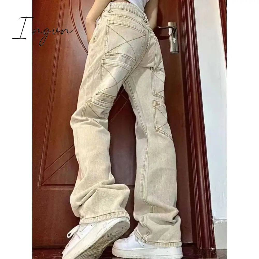 Ingvn - Women's Green Jeans Vintage Washed Multiple Pockets Wide Leg Pants Casual Street High Waist Baggy Denim Trouser Ladies Summer